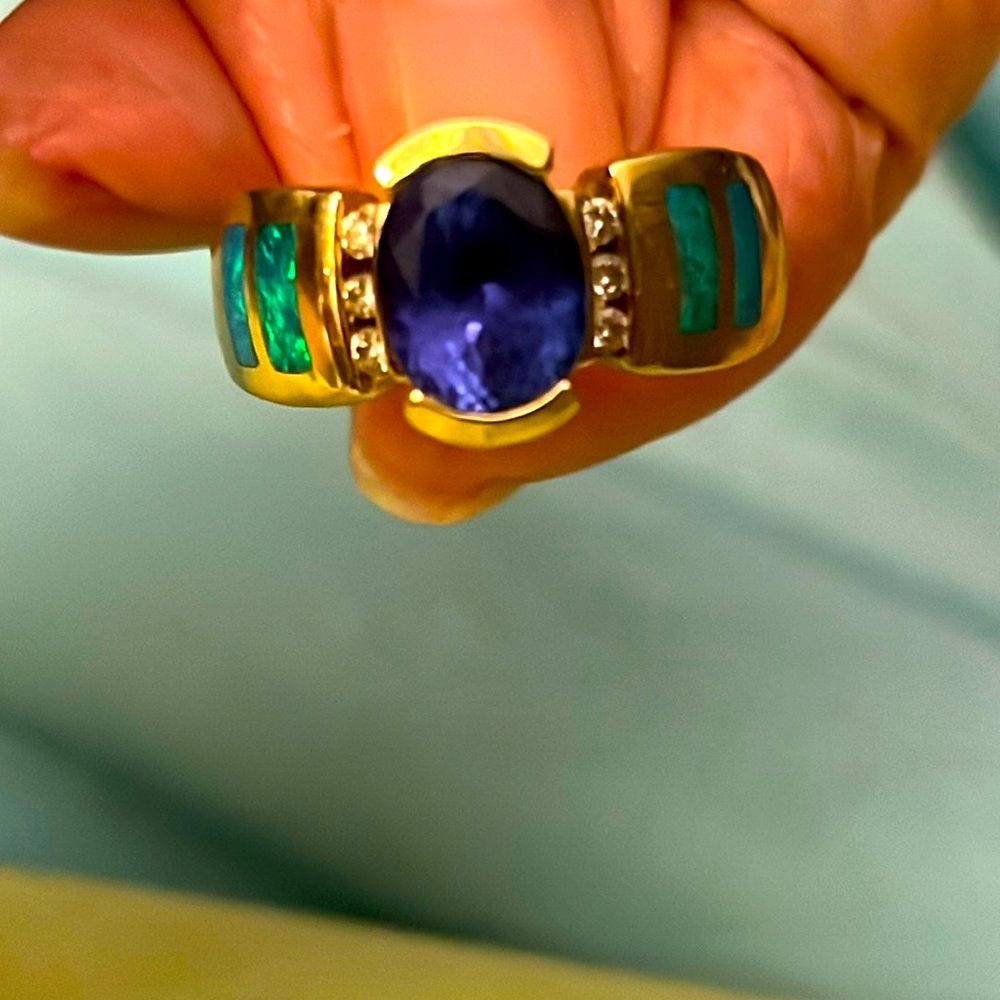 Tanzanite and diamond and fire opal ring - Picture 2 of 8